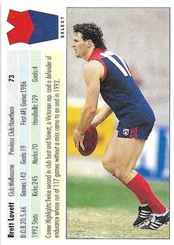 1993 Select AFL #73 Brett Lovett Back